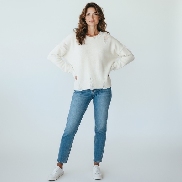 Frayed Denim Gwen Distressed Sweater color Marshmallow size MEDIUM NEW - Picture 13 of 13